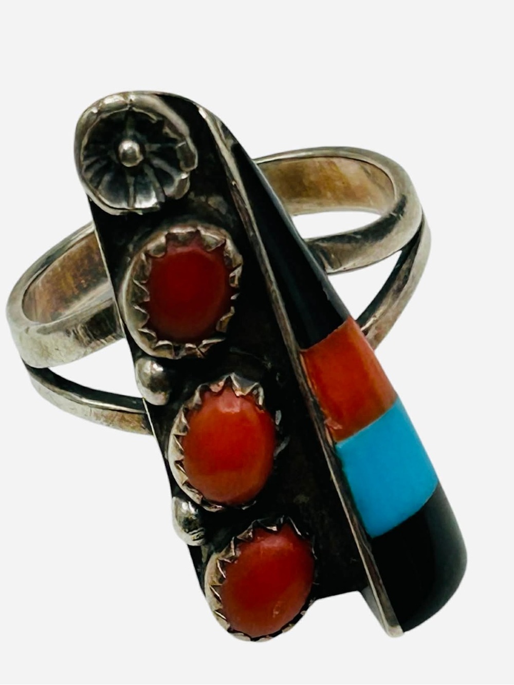 Vintage Native American Sterling Inlay Coral Ring